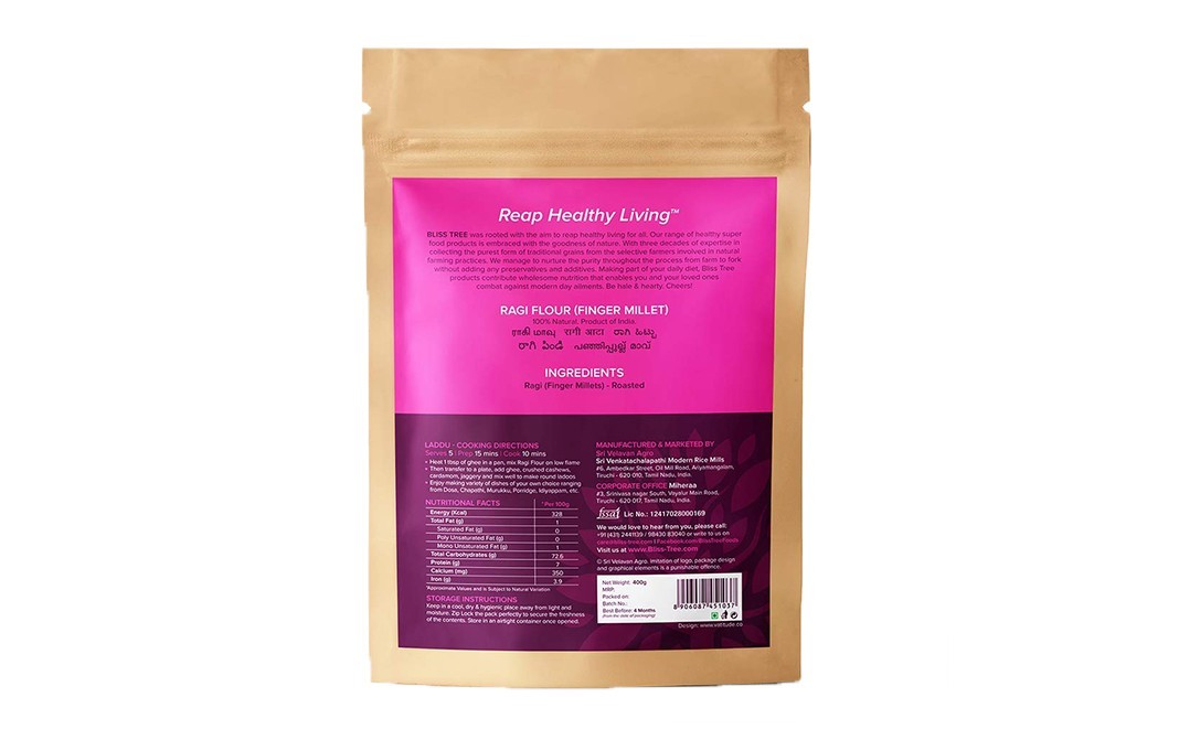 Bliss Tree Festive Flour Ragi (Finger Millet)   Pack  400 grams